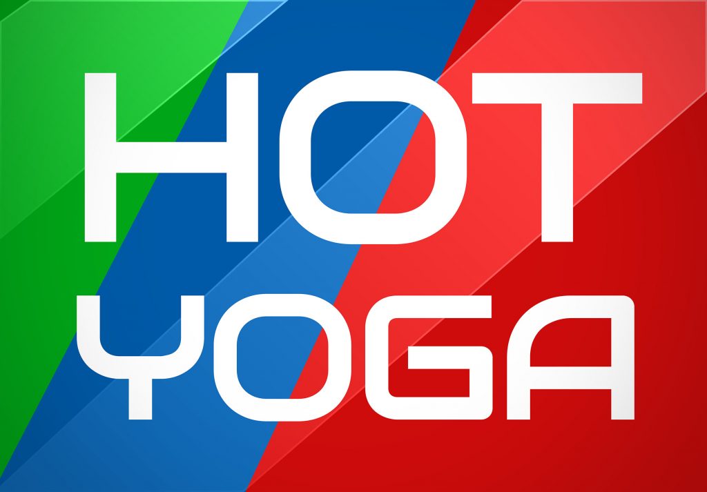 Hot Yoga – clear white text typography on colourful shining back